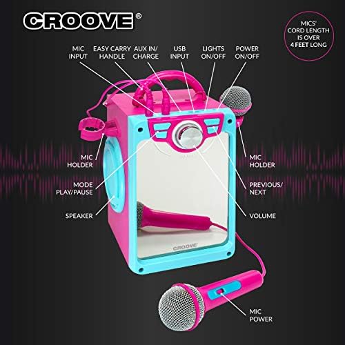 Rechargeable Pink Karaoke Machine, 2 Microphones, Bluetooth, Girls Ages 8+