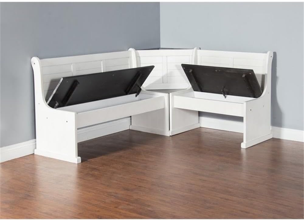 Carriage House Wood Breakfast Nook Set, Off White and Dark Brown Finish, Mahogany Base, Hidden Storage Benches, Reversible Design