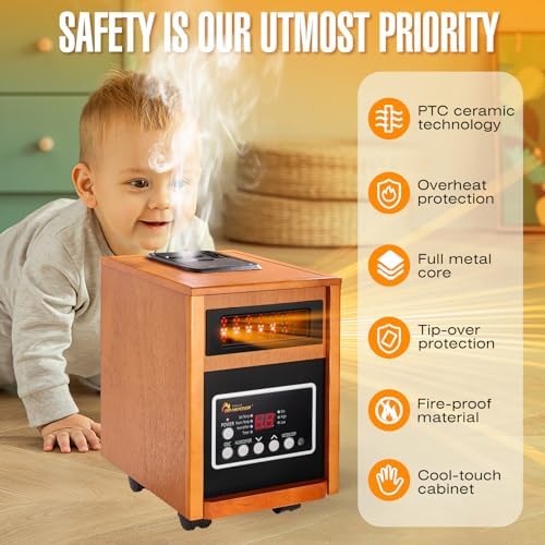 DR. INFRARED HEATER DR-998, 1500W Dual Heating Infrared Space Heater with Humidifier, Oscillation, Remote Control, Thermostat & Safety Protection, Portable with Wheels, Energy Efficient, Cherry