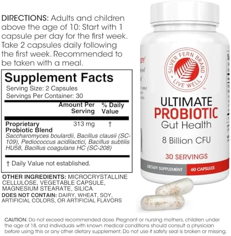 Silver Fern Brand Ultimate Probiotic - Probiotics for Women & Men | 8 Billion CFU Spore-Forming Gut Health Supplement - DNA Verified, Vegan, Shelf-Stable, High Survivability - 60 Capsules