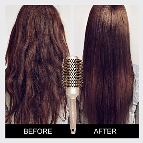 BANGMENG Round Brush with Boar Bristles, 1 inch Barrel, Nano Thermal Ceramic Ionic Tech for Straightening and Blow Drying, Gold