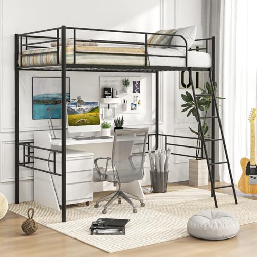 GIANTEX Twin Size Loft Bed, Metal Loft Bed Frame with Ladder & Safety Guardrail, Space-Saving with Ample Space Underneath, for Teens Junior and Adults