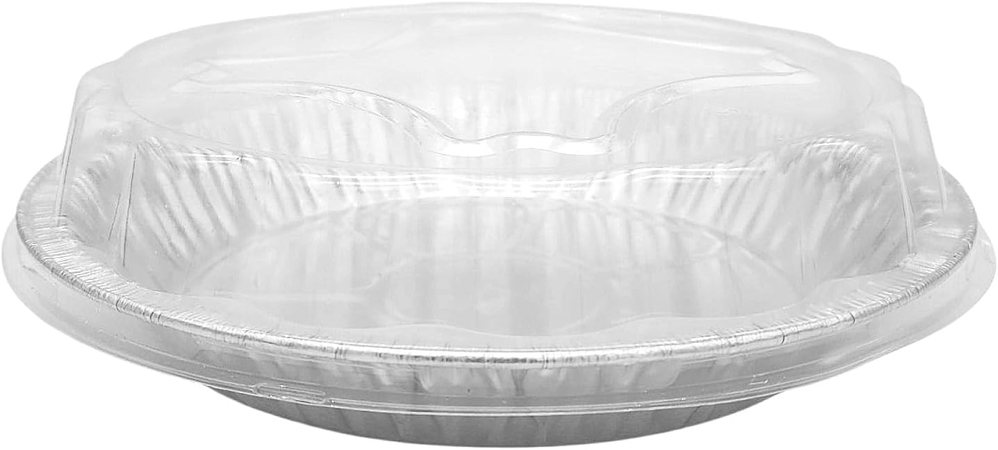Durable Packaging 9" Aluminum Foil Pie Pan Plate Tin 1-5/16" Deep w/Clear Plastic Dome Lid Cover (Pack of 12)