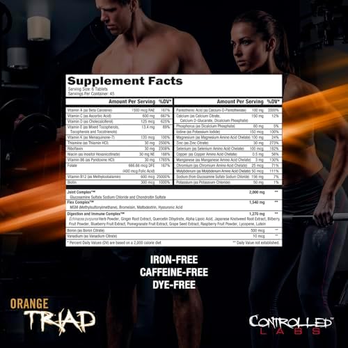 CONTROLLED LABS Orange Triad, Multivitamin/Joint/Digestion/Immune, 45 Serv | Daily Supplement, Vitamin A, B6, B12, C, D, Iron Free Sports Vitamin, Supports Joints, Digestion, Immune Function, Magnesium