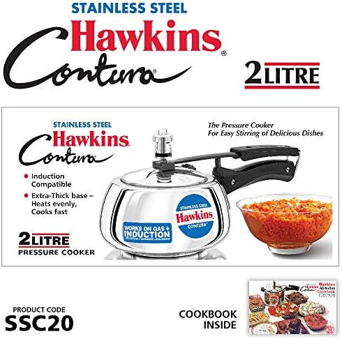Hawkins Contura Pressure Cooker, Stainless Steel Inner Lid Cooker, Handi Cooker, Induction Cooker, Small Cooker, Silver SSC20 2 Litre