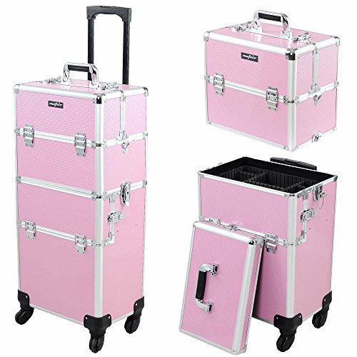 mefeir 2 in 1 Rolling Makeup Train Case Professional Cosmetic trolley on Wheels Aluminum Nail Cart Cosmetic Suitcase for professional makeup artist, Luggage Lockable w/4 Removable Wheels (Black)