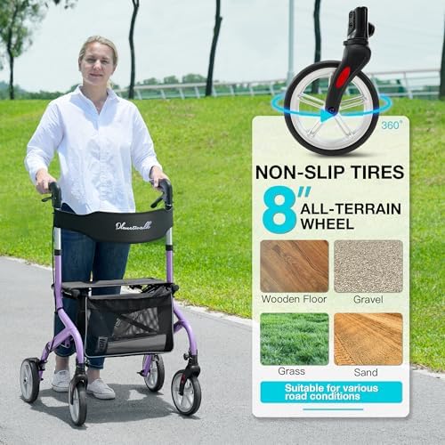 PLANET WALK Super Lightweight Rollator Walker for Seniors, Foldable Rolling Walker with Seat and 8" Rubber Wheels for All Terrain, Unique Design Aluminium Frame Sturdy Walkers for Traveling - Blue