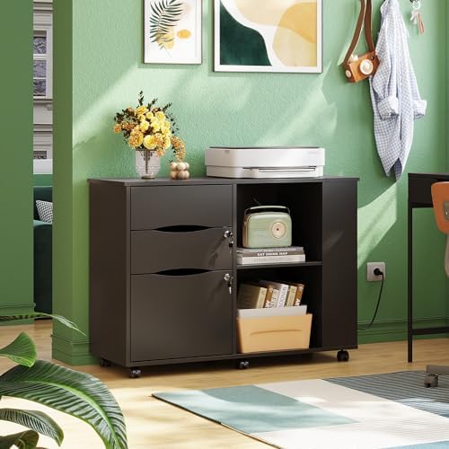 DEVAISE File Cabinet with Lock, Printer Stand with Charging Station Black | Lateral Mobile Filing Cabinets, Lock & Open Storage Shelves