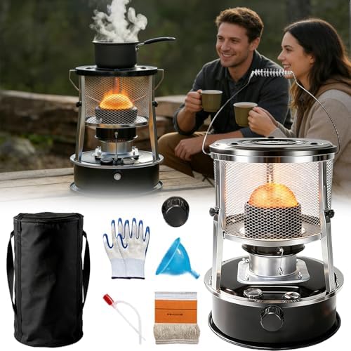 Indoor Heater Non-Electric, 9000 BTU Portable Kerosene Heater for Indoor & Outdoor Use, with Cooking Function, 6 Wicks & Bag, Height Adjustable for Camping, Emergency Heat & Survival (Black)