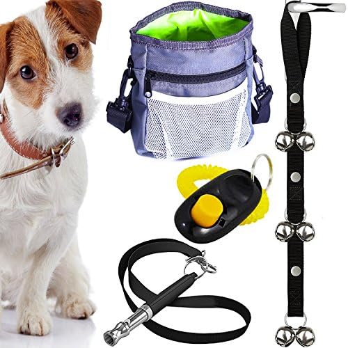 Dog Training Set, Puppy Supplies Starter Kit with Dogs Clicker, Treat Pouch Bag, Housetraining Door Bells, Ultrasonic Whistle