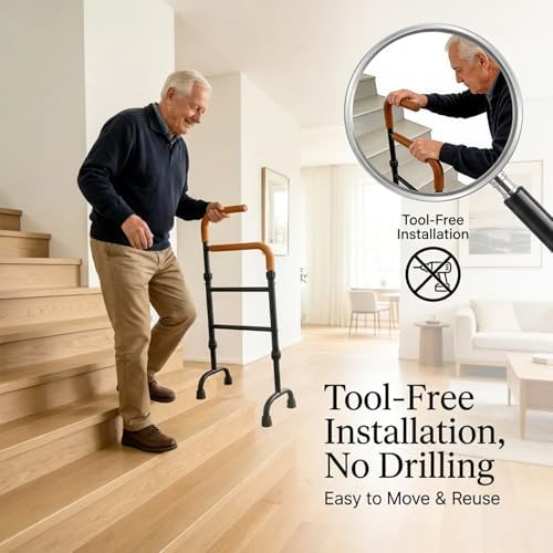 Stair Assist Cane for Seniors, 13-Level Adjustable Height | Portable Lightweight, Slip-Resistant, Mobility Aid for Elderly, Post-Surgery