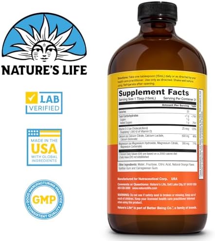 NATURE'S LIFE Liquid Calcium Magnesium Supplement with Vitamin D 3 - Bone Health, Muscle, Heart Health and Immune Support - Natural Orange Flavor