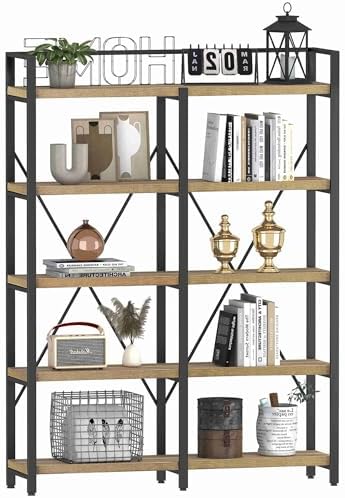 FATORRI Bookshelf, 5 Tier Industrial, 51 Inch Wide 69 Inch Tall Etagere Bookcase