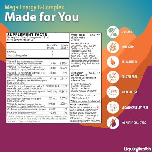 LIQUIDHEALTH Mega Energy Methylated B-Complex, Adult Liquid Vitamin Supplement - Increase Energy, Relieve Stress & Fatigue, Immune Support, Heart & Gut Health - Made in USA, Vegan, Sugar-Free (32 oz)