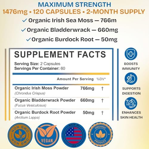 Organic Wildcrafted Sea Moss Capsules, 1476mg, Nova Scotia, 120ct