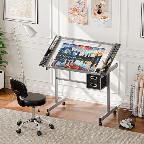 ZENY Drafting Table on Wheels with Storage Drawers, Adjustable Glass Tabletop, Craft Table Drawing Desk Artist Hobby Table for Painting, Drawing