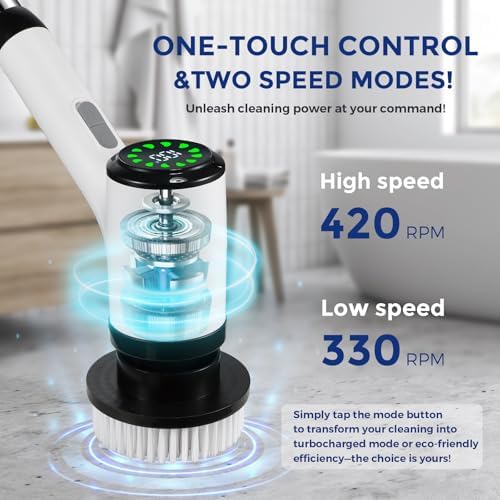 Electric Spin Scrubber, Cordless Power Cleaning Brush with 8 Replaceable Heads, 2 Adjustable Speeds, LED Display & Long Handle