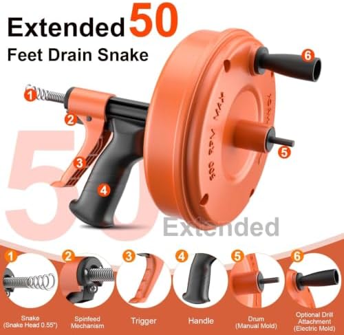 【2026 Newest】50 FT Drain Snake, Plumbing Snake Drain Auger Hair Clog Remover, Flexible Plumbing Snake Use Manually or Powered for Kitchen