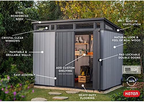 Keter Artisan 9x7 Foot Large Outdoor Shed with Floor with Modern Design for Patio Furniture, Lawn Mower, Tools, and Bike Storage, feet, Grey/Black