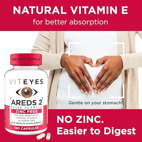 Viteyes AREDS 2 Zinc Free Macular Support, Natural Allergen Free Capsules with Vitamin E, Vitamin C, Lutein & Zeaxanthin, No Zinc, No Copper, Eye Doctor Trusted, Manufactured in the USA, 180 Ct