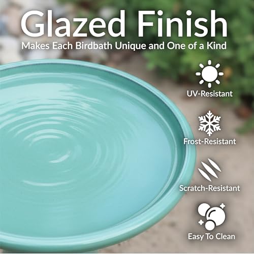 Sunnydaze Hand-Painted Ceramic Outdoor Bird Bath for Garden, 21” H, Seafoam