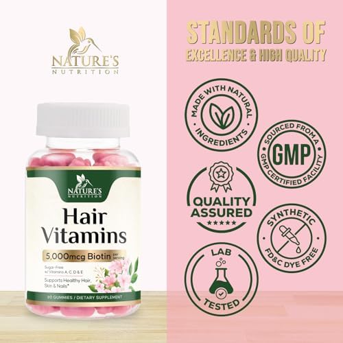 Hair Vitamins Gummies with Biotin 5000 mcg Per Serving - Extra Strength Hair Growth Support Vitamin E & C - Stronger Radiant Hair