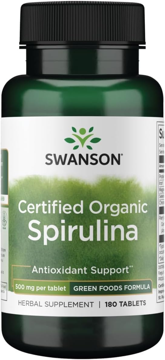 Swanson Certified Organic Spirulina 500 Milligrams 180 Tabs | Most Potent and Digestible Protein Source Among Green Foods; Supports Toxin Removal and Cardiovascular Health; Organic