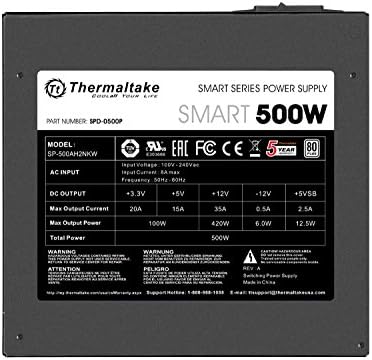 Thermaltake Smart 500W 80+ White Certified PSU, Continuous Power with 120mm Ultra Quiet Cooling Fan, ATX 12V V2.3/EPS 12V Active PFC Power Supply PS-SPD-0500NPCWUS-W