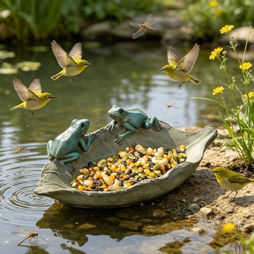 Bird-Feeder Wild Bird-Bath Bowl Outdoors - Garden Decor Polyresin Birds on Leaf 12.4 * 7.5 * 4.1 Inch-Newman House Studio