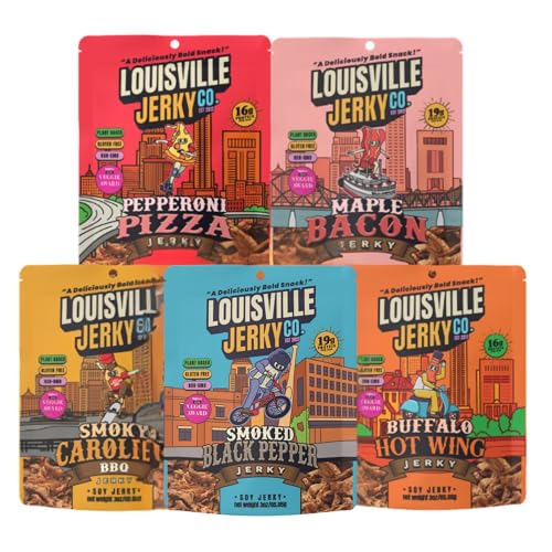 Louisville Jerky Co. Traditional Vegan Jerky Pack, 3 oz, 5-Pack | Plant Based, High Protein Snack, Vegetarian Friendly, BBQ, Buffalo, Maple Bacon, Pepperoni Pizza, Black Pepper