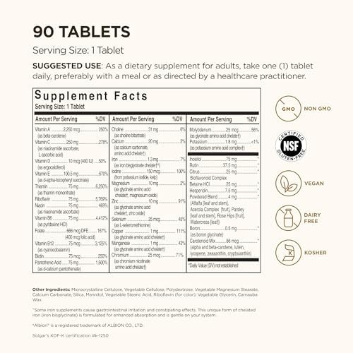 Solgar Formula VM-75, 90 Tablets - Vitamin A, B6, B12, C, D, E, Vegan | Multivitamin with Chelated Minerals - Biotin, Magnesium, Calcium, Iron, Zinc, Gluten Free, Dairy Free, Kosher - 90 Servings