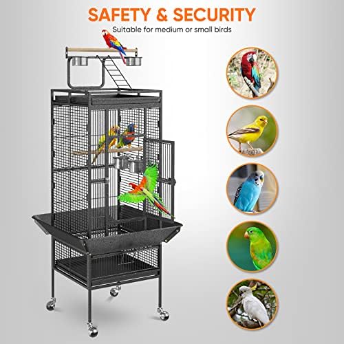 68 inch Iron Bird Cage, Play Top Parrot Cage with Rolling Stand for Parrot Cockatiels Parakeet Cage Macaw Finch Cockatoo Perch Pet House, Black