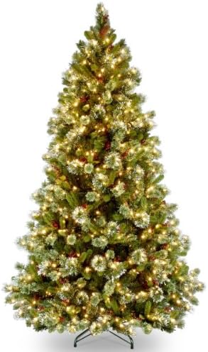 National Tree Company 7.5ft Pre-Lit Wintry Pine Medium Christmas Tree | 650 Clear Lights, 831 Tips, Flocked, Pinecones, Red Berries, Includes Stand, Green