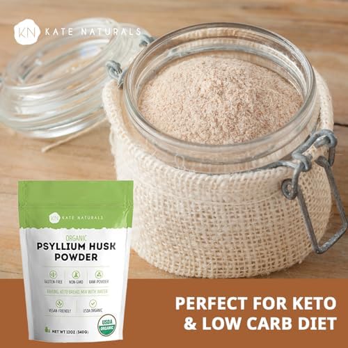 Kate Naturals Psyllium Husk Powder for Fiber and Baking Bread, 12oz | Organic, Gluten Free, Fine Ground, For Digestion, Mixes Easily with Juice & Smoothies