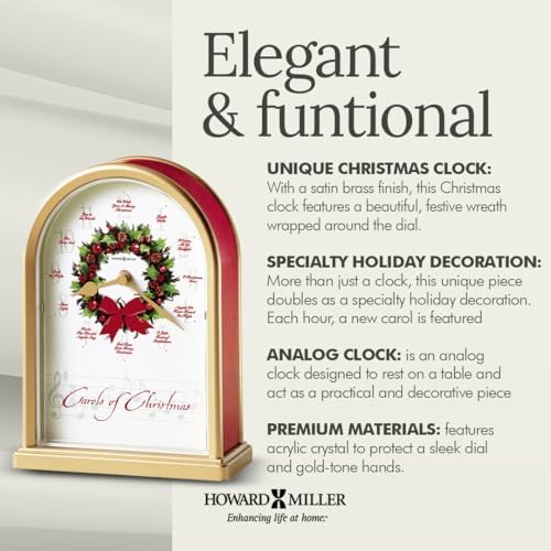 Howard Miller Carols of Christmas II Tabletop Clock – Satin Brass Finish, 12 Classic Carols, Hourly Chime, Battery Operated, Festive Wreath Design