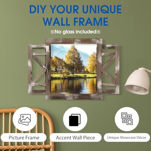 J JACKCUBE DEISGN Rustic Wood Window Frame with Opening-doors, Wall Art Decor Hanging Window Panes, Farmhouse Wall Décor for Living Room, Bathroom
