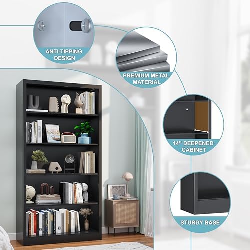 66 in Black Heavy Duty Metal Bookshelf, 5-Tier Adjustable Tall Bookcase, Industrial Floor Standing Storage Shelf 180 lbs Load Per Shelf for Living Room Home Office Bedroom Garage