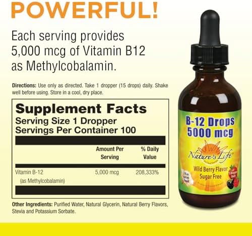 Nature's Life B12 Drops 5000 mcg - Vitamin B12 Methylcobalamin - Liquid B12 Supplement for Energy Metabolism, Nerve Function and Red Blood Cell Support Natural Mixed Berry, Sugar Free (200 Serv, 4oz)