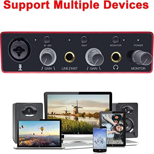 Audio Interface USB Audio Interface with Mic Preamplifier USB Audio Mixer Recorder with 48V Phantom Power, 24 Bit, Support Tablet