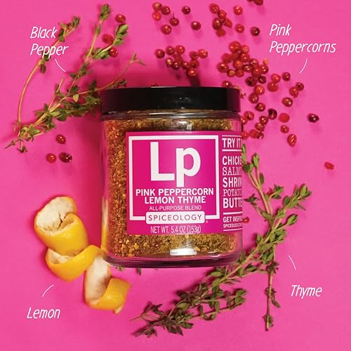 Spiceology Pink Peppercorn Lemon Thyme Seasoning, 5.4 oz | Use On: Chicken, Salmon, Shrimp, Potatoes, Butter, Vegetables, Salad Dressing, Lemon Pepper Seasoning, Vegetable Seasoning