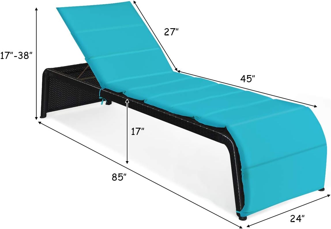 Tangkula Outdoor Chaise Lounge Chair, 5-Position Adjustable Rattan Recliner Chair w/Cushioned Seating and Adjustable Feet