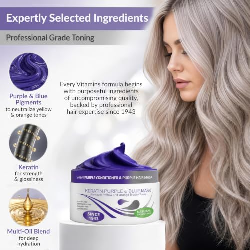 VITAMINS hair cosmetics Keratin Purple Hair Mask - Blue Hair Mask Deep Conditioner Treatment - Blonde Toner to Neutralize Brassiness in Brassy Blonde