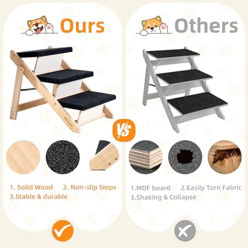 MEWANG Wood Pet Stairs & Ramp for Small/Medium Dogs & Cats, Aging Pets – 2-in-1 Foldable, Portable, Non-Slip Pet Ladder for Tall Beds, Couches