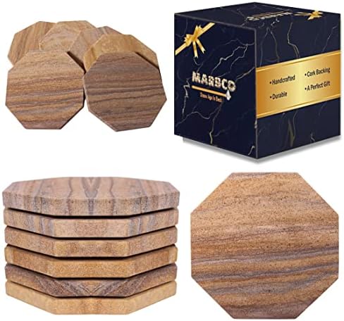 Sandstone Water Absorbent Hand Crafted Octagon Coasters with Holder for Drinks 4 Inches Wide Thirsty Stone Bar/Drink Coasters Made from Real Solid