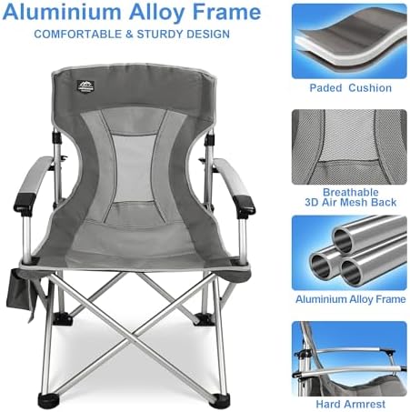 Lightweight Folding Hard Arm Camping Chair,Mesh Back,Heavy Duty,Padded Backpack Camp Chair w/Cup Holder,Cooler Bag for Adults Garden Parties,Grey