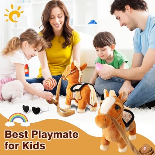 Marsjoy Walking Pony Toy Musical Singing Dancing Plush Interactive Pony Walk Along Horse with Leash Plush Stuffed Animal Shaking Head Buttocks Toy