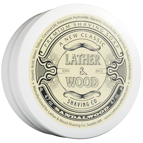 Lather & Wood Shaving Soap - Sandalwood - Simply The Best Luxury Shaving Cream - Tallow - Dense Lather with Fantastic Scent for The Worlds Best Wet Shaving Routine. 4.6 oz (Sandalwood)