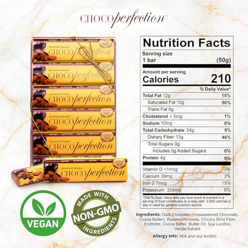 ChocoPerfection Zero Sugar Dark Almond Chocolate - Keto Bars 12 Pack 50G