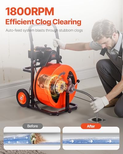 VEVOR 100FT x 3/4 Inch Drain Cleaner Machine Sewer Auger Auto Feed with 4 Cutter & Air-Activated Foot Switch for 4" to 8" Pipes, Orange, Black