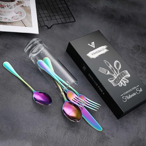VANDBAO Rainbow Flatware Cutlery Silverware Set 20 Pieces, Stainless Steel Colorful Utensils, Tableware Set Service for 4, Include Knife/Fork/Spoon